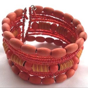 Orange Beaded Bangle Cuff Bracelet Wood